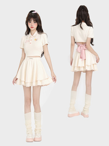 ENJOG 甜酷学院风蝴蝶结Polo短袖套装女2024新款芭蕾风短裙两件套