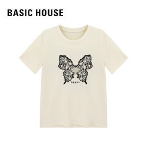 Basic House/百家好新款白色印花休闲夏季针织衫短袖B0823B59012