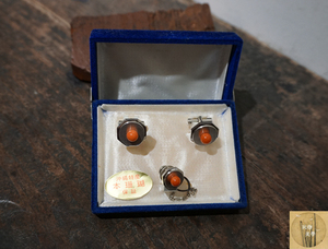 孤品日本80年代冲绳产珊瑚有机宝石银制男士袖扣领带针套盒