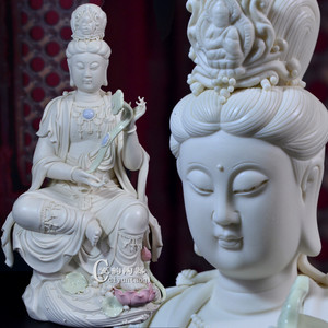 德化陶瓷15寸如意观音菩萨佛像家居摆件 白瓷坐式如意观世音像