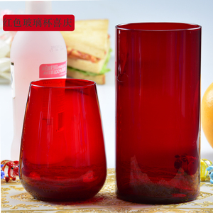麦乐美日式红色高款直身家用大容量水杯具情侣创意大肚清水玻璃杯