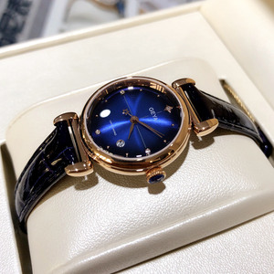 新款GEYA格雅手表正品女士星空皮带真钻女表玫瑰金红色防水6236