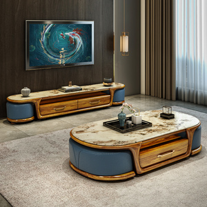 乌金木茶几电视柜组合大理石台面家用客厅新中式长方形茶台带凳子