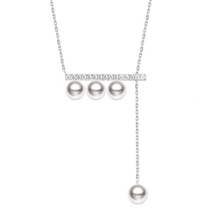 四珠平衡木珍珠项链吊坠圆形白色 天然真珍珠s925银