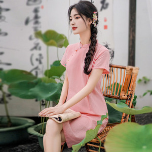 新中式轻国风连衣裙女夏季小个子茶服棉麻显瘦旗袍改良年轻款少女