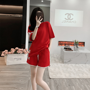 时尚休闲运动套装女夏季2023新款红黑色短袖短裤修身四条杠两件套