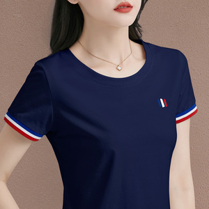 纯棉短袖t恤女2024年新款夏季女装修身短款上衣半袖宝蓝色体恤衫