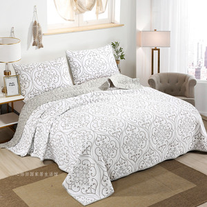 外贸纯棉美式绣花绗缝床盖三件套欧式高级衍缝盖被床单床罩空调被