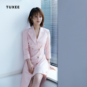 正品TUXEE艾加杨紫明星同款西装领粉色连衣裙20秋收腰显瘦