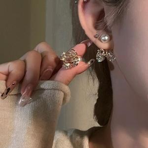 网红新款真金电镀银针锆石珍珠羽毛球耳环韩国个性设计感耳钉新款