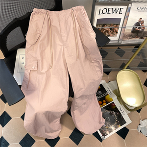 粉色高级设计感小众工装阔腿休闲裤子男女夏薄款宽松直筒运动长裤