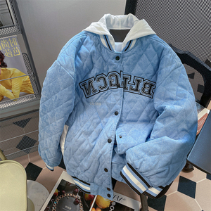欧美高街hiphop菱格连帽棒球棉服男女秋冬季加厚高级感假两件外套