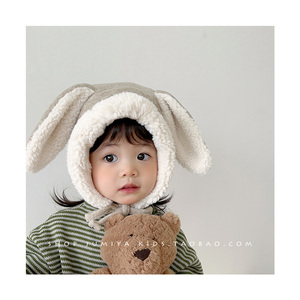 韩版ins儿童帽子女孩可爱兔子帽洋气女童加厚毛绒帽1岁宝宝套头帽