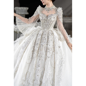 长袖重工奢华法式婚纱2024新款新娘高级质感大拖尾宫廷风白色主纱