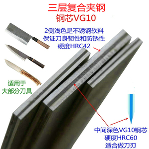 VG10夹钢三层复合做菜厨刀钢板胚条料不锈已淬火HRC60厚3到4mm
