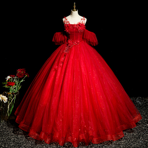 红色婚纱晚礼服宴会2024夏气质修身活动表演主持人声乐艺考礼服女