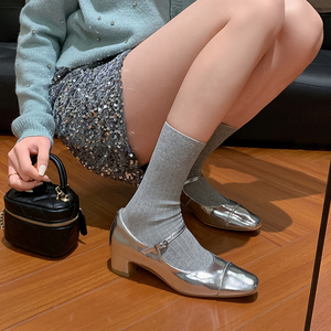 泽西自制小香风银色玛丽珍单鞋复古法式一字扣带粗跟真皮高跟鞋女