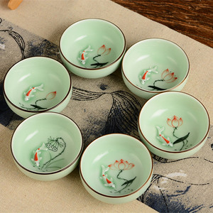 潮瓷馆 陶瓷功夫茶杯 青瓷家用茶具套装手绘品茗杯茶碗鲤鱼小茶杯
