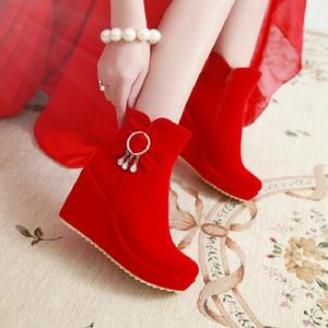婚鞋女2017新款秋季红色短靴女坡跟防水台马丁靴粗跟结婚红鞋婚靴
