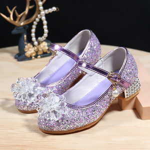 女童皮鞋高跟小女孩表演水晶鞋子礼服软底演出夏季公主儿童鞋紫色