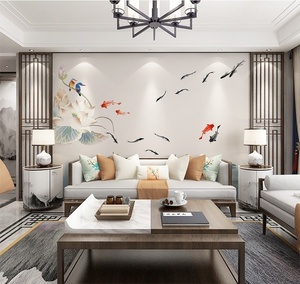 中式水墨九鱼图壁画客厅餐厅沙发背景墙布茶室接待室包间装饰壁布