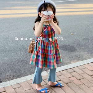 儿童沙滩裙夏季新品韩国童装女童彩色格子吊带裙宝宝背心裙子洋气