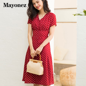 Mayonez  夏季法式复古雪纺波点仙女A裙V领口袋修身连衣裙女