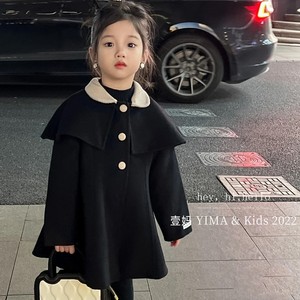 韩版童装2024冬装女童洋气小香风黑色呢子大衣儿童中长款毛呢外套
