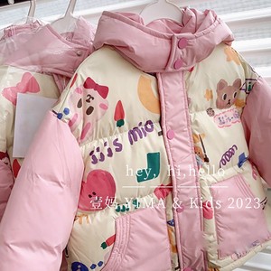 韩版童装女童羽绒服冬装加厚儿童洋气粉色可爱印花面包服宝宝外套