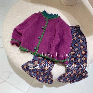 韩系童装2024春装新款女童洋气紫色针织开衫宝宝上衣儿童毛衣外套