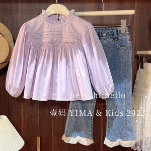 韩版童装女童衬衫春装2024新款儿童紫色洋气花边泡泡袖宽松娃娃衫