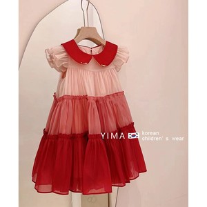 韩系女童娃娃领连衣裙儿童夏装红色网纱拼接裙子宝宝洋气公主裙子