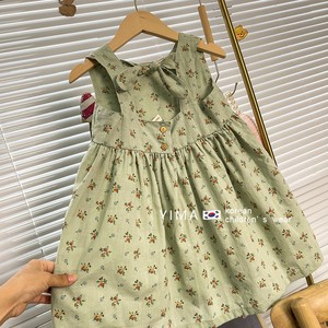 韩版童装女童夏季新款洋气绿色碎花连衣裙儿童棉布裙子宝宝背心裙