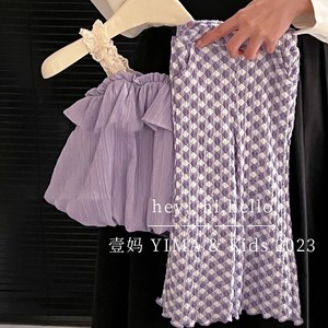韩版童装女童喇叭裤夏装新款时髦洋气儿童山本裤子宝宝紫色格子裤