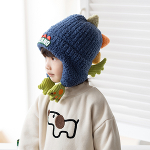 儿童帽子秋冬男童护耳帽毛绒加厚保暖恐龙小男孩针织帽冬季防风帽