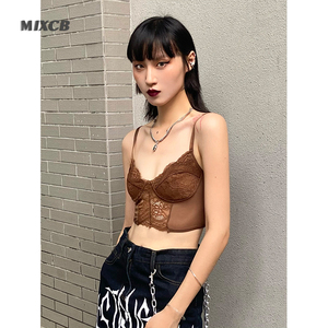 MIXCB 复古蕾丝吊带上衣欧美性感辣妹镂空棕色露背打底短款背心女