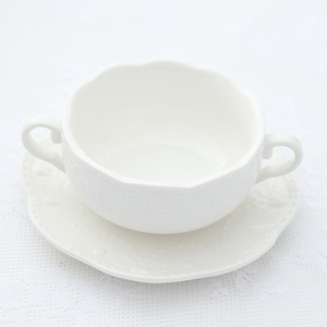 欧式描金蝴蝶蛋糕双耳碗白色浮雕西餐燕窝碗甜品碗汤盅蒸蛋盅带碟