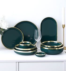 北欧碗碟套装轻奢金边餐具家用ins网红欧式创意祖母绿陶瓷碗盘子