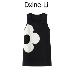 DXINE 2023春季新款复古花朵提花黑色针织连衣裙无袖背心短裙女装