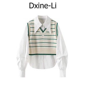 DXINE 2023春款线背心两件套针织条纹马甲外搭毛衣白衬衫女ins