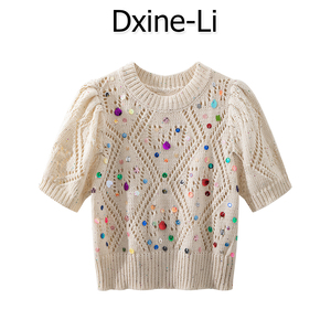 DXINE 2024年春季新款韩系甜美圆领镂空短袖高腰短款毛衣针织衫女