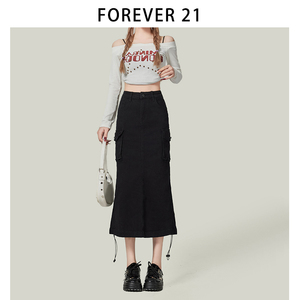 Forever 21美式复古甜酷开叉黑色工装裙女裙灰色半身裙中长款裙子