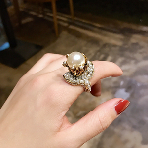 欧美复古网红新款珍珠花朵戒指个性时尚夸张食指指环创意配饰品潮