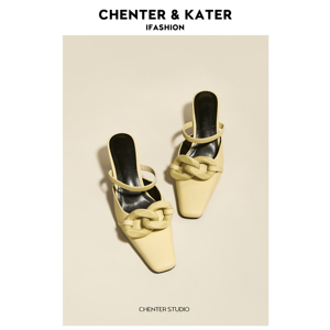 小CK鞋【2021春新款】设计感单鞋方扣粗跟凉鞋法式浅黄色方