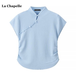 拉夏贝尔/La Chapelle新中式珍珠扣短袖针织衫女夏新款抽褶上衣