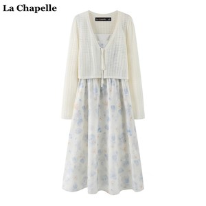 拉夏贝尔/La Chapelle吊带碎花连衣裙镂空V领针织衫女俩件套裙子