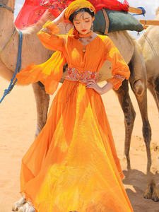 沙漠裙子异域风情西域古装民族风连衣裙新疆旅游穿搭长裙西藏服装