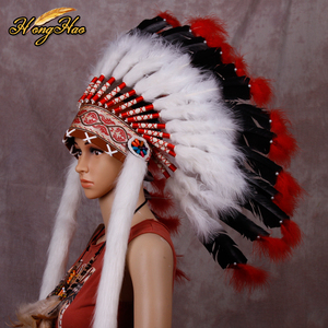 印第安头饰白色羽毛头饰酋长帽野人帽子成人儿童表演头饰野人发饰