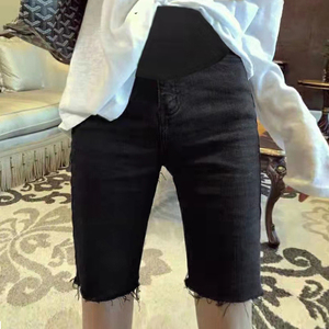 韩国孕妇牛仔五分短裤2022夏季薄款黑色外穿怀孕期托腹破洞中裤子