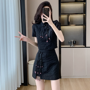 夏装搭配一整套显瘦新中式女装改良旗袍盐系高级感黑色两件套装裙